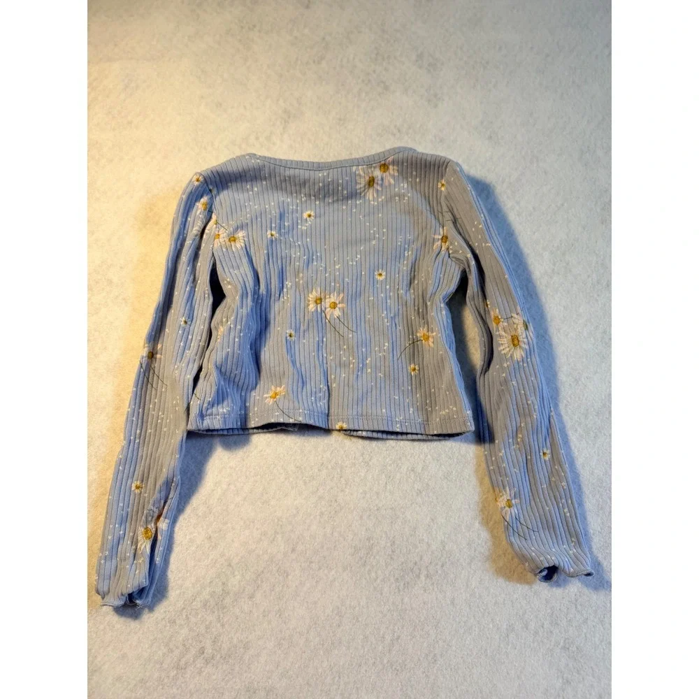 OshKosh B'gosh Girls Blue Daisy Floral Ribbed Cropped Cardigan Sweater Size 5/5A